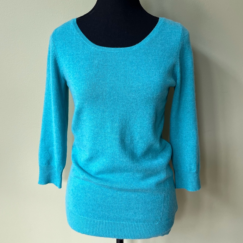 🔥 FINAL SALE $45 Forte NWOT 100% Cashmere Scoop Neck 3/4 Sleeve Teal Sweater